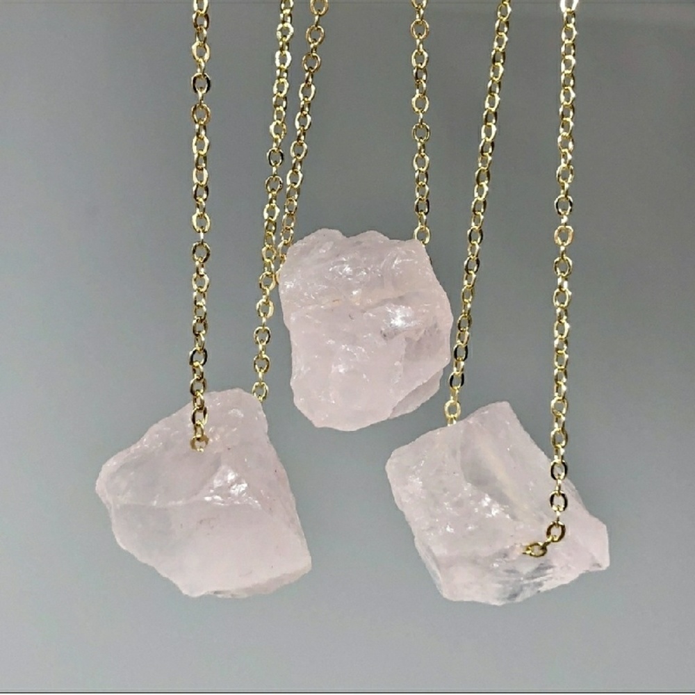Raw Rose Quartz 14K Gold Crystal Necklace - Picture 3 of 8